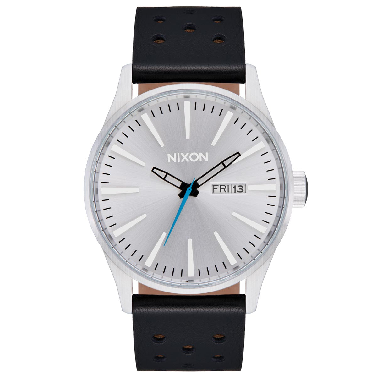 Nixon Sentry Leather Watch - Chrome/Silver Sunray/Black image 1