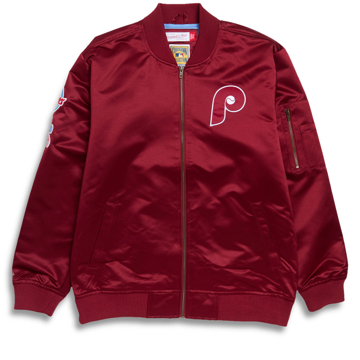 Mitchell & Ness x MLB Phillies Vintage Logo Satin Bomber Jacket - Cardinal image 1