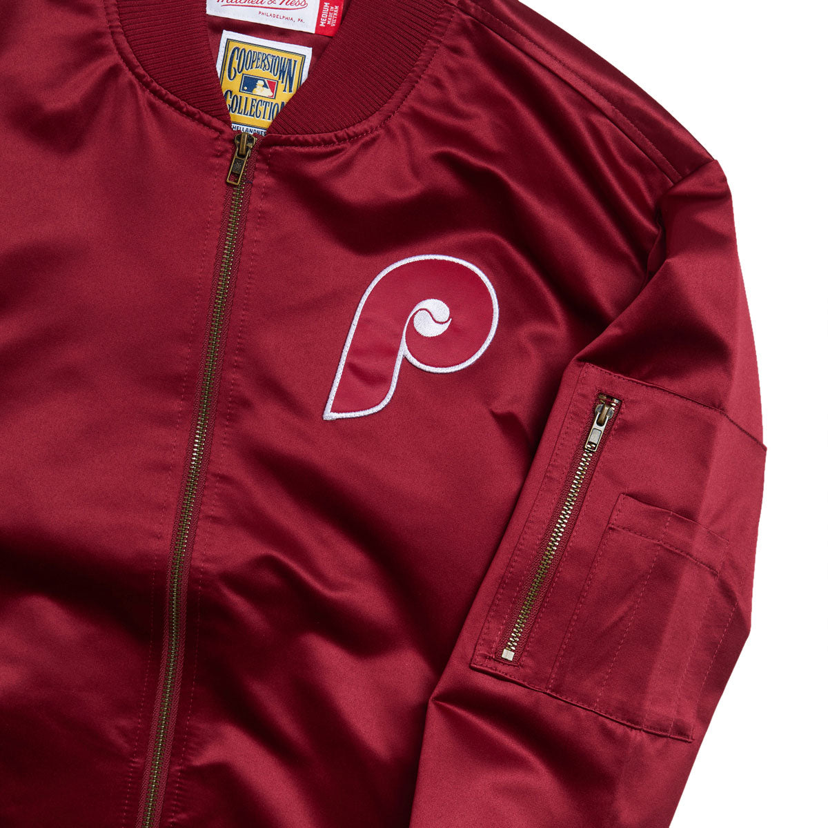 Mitchell & Ness x MLB Phillies Vintage Logo Satin Bomber Jacket - Cardinal image 4