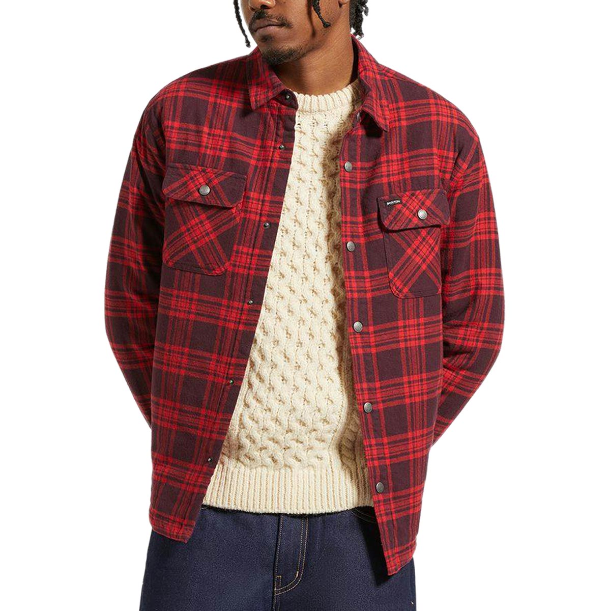 Brixton Bowery Quilted Long Sleeve Flannel Shirt - Bright Red/Mahogandy image 1