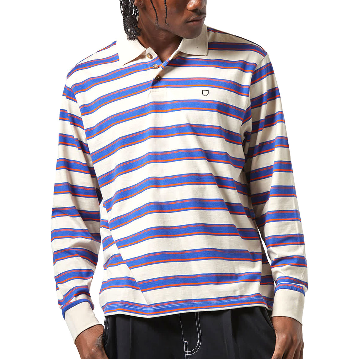 Brixton Vintage Stripe Long Sleeve Polo Shirt - Electric Blue/Flame/Whitecap image 1