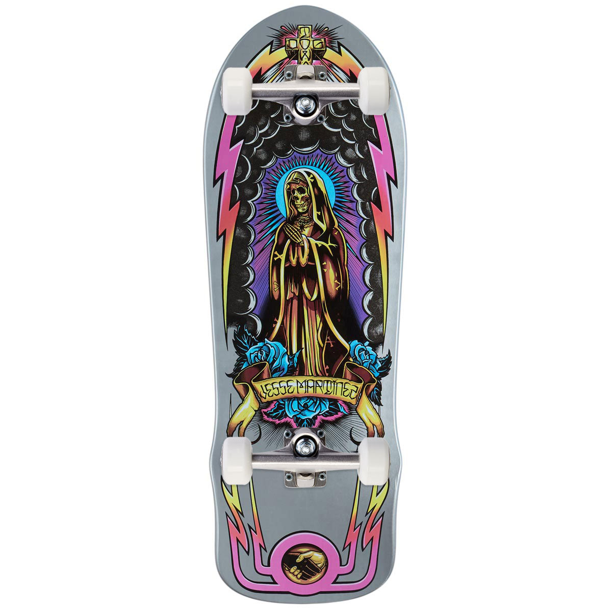 Dogtown Jesse Martinez 1987 Guadalupe Handshake Reissue Skateboard Complete - Brilliant Silver Full Dip - 10.00