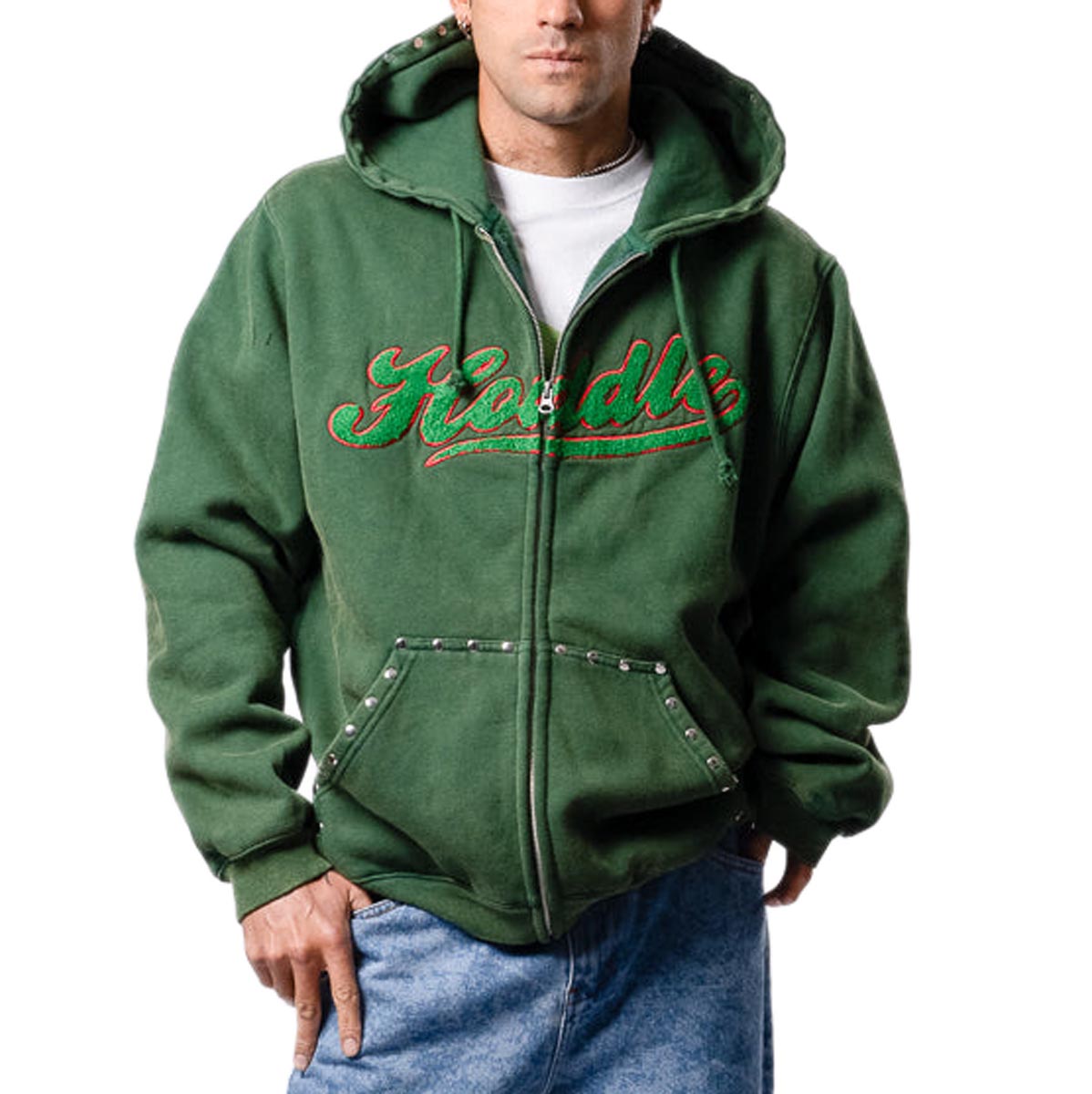 Hoddle Intarsia Script Zip Up Hoodie - Washed Green image 3