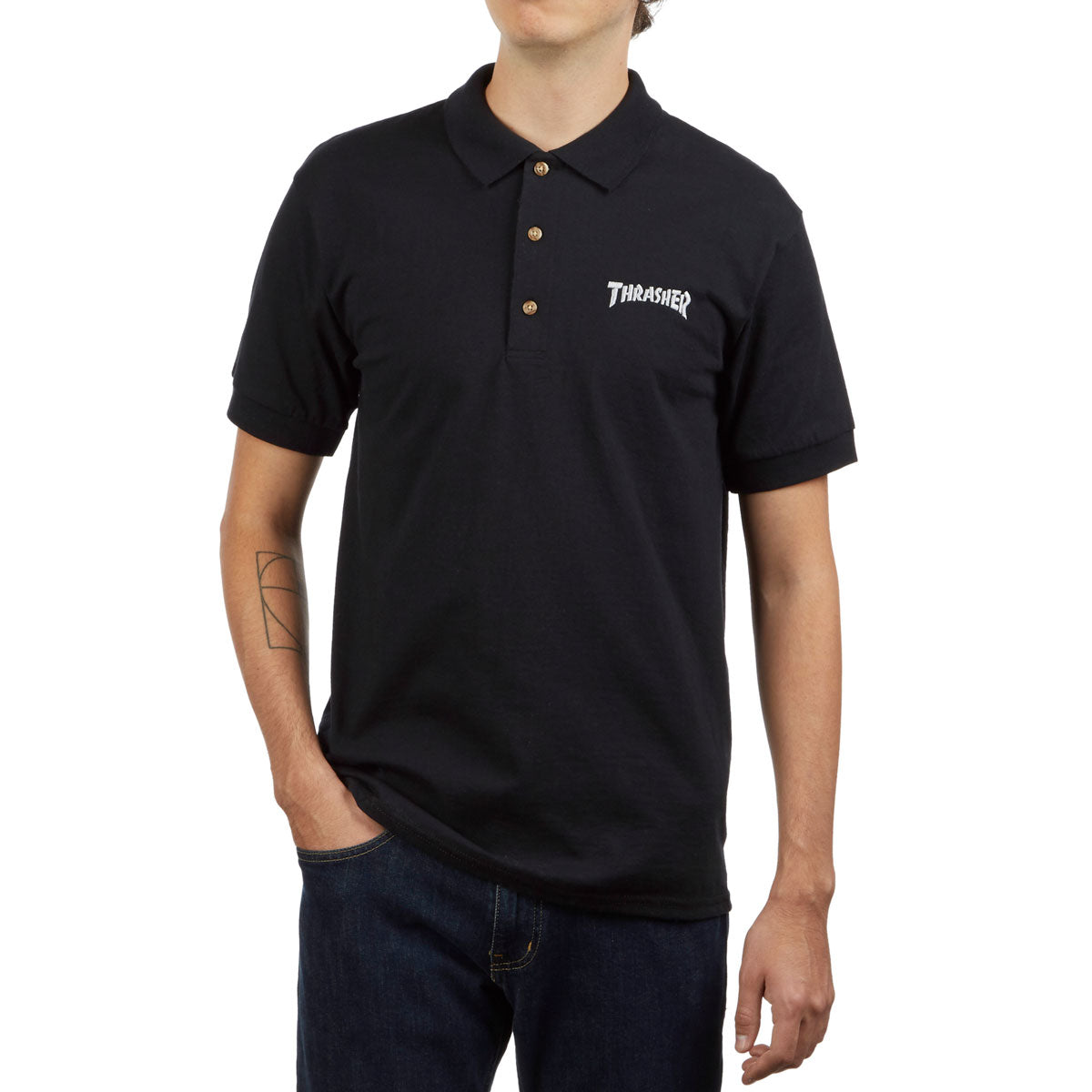 Thrasher Logo Embroidered Polo Shirt - Black image 1